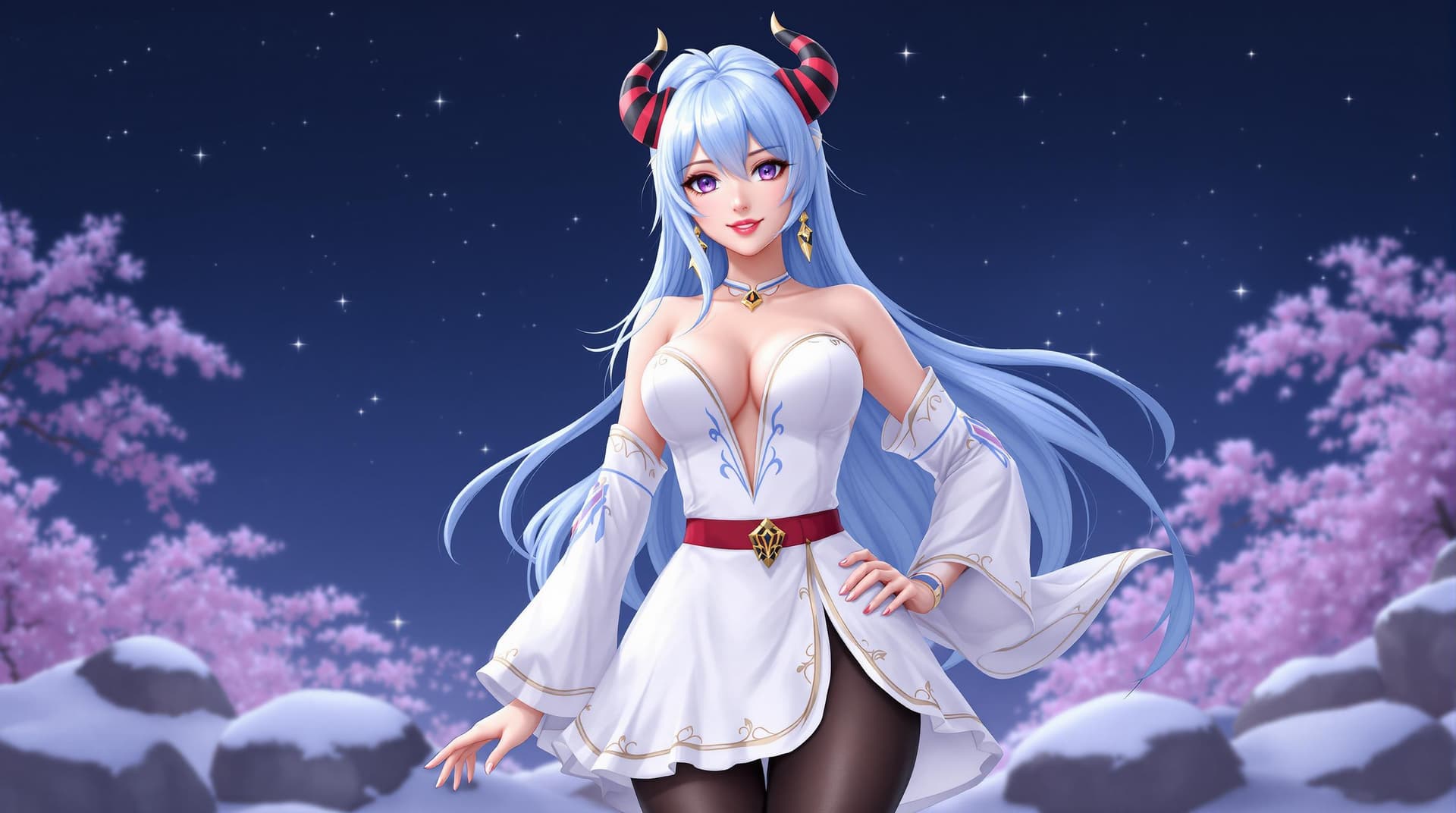 AI generated: a digital artwork of a woman with long, light blue hair and purple eyes, posing in a white dress wit...