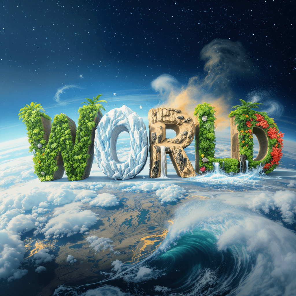 AI generated: The word "WORLD" rendered in large, bold 3D letters, each letter styled to represent a different con...