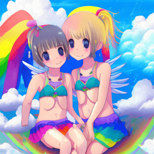 AI generated: Rainbow angel lolicon child with a round belly sitting down in in the clouds in her rainbow-colored ...