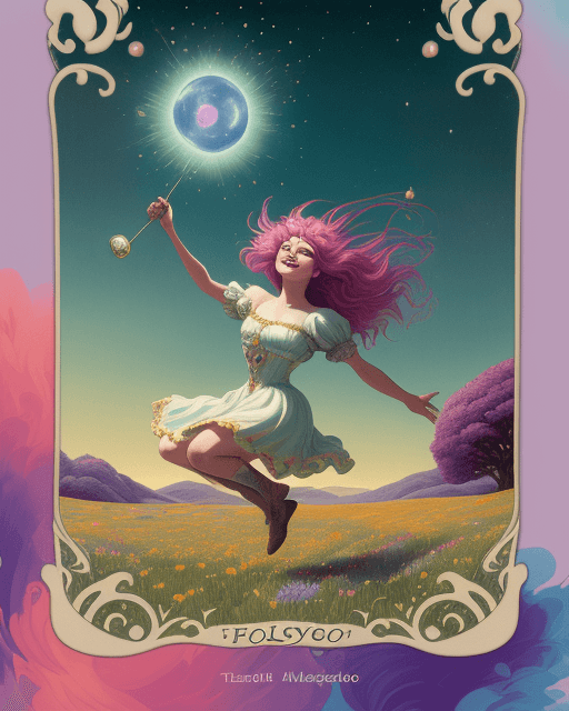 AI generated: An image of a whimsical Fool Tarot Card character frolicking through a vibrant meadow, bathed in eth...