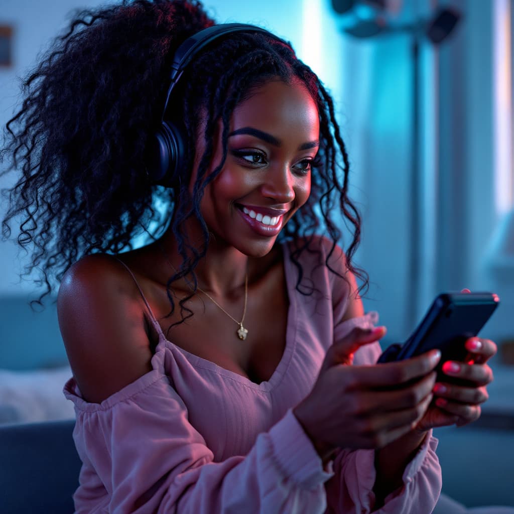 AI generated: A pretty, shiny dark skin lady that is engaged, and likely interested in topics like Web3, gaming en...