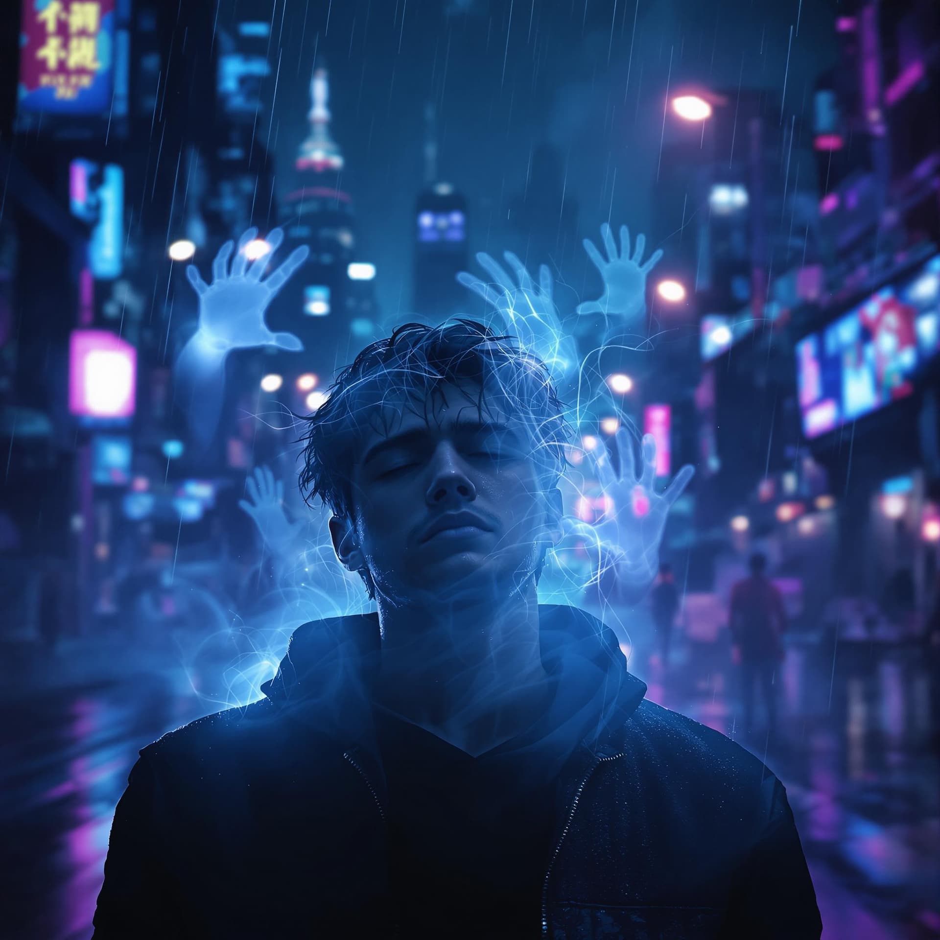 AI generated: A lone young man stands under a neon-lit cityscape at night, surrounded by fading silhouettes of a l...
