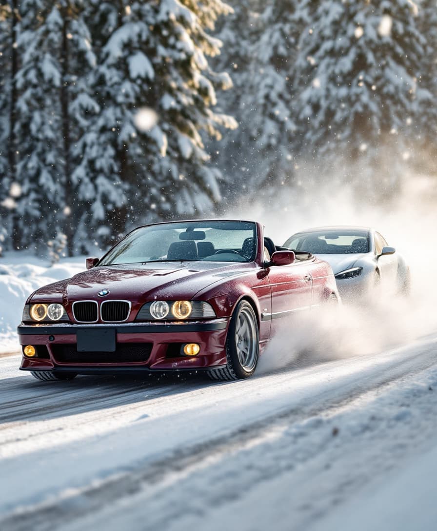 AI generated: A wine red BMW E39, gleaming under the soft winter sunlight, drifts gracefully past a dirty Tesla, i...
