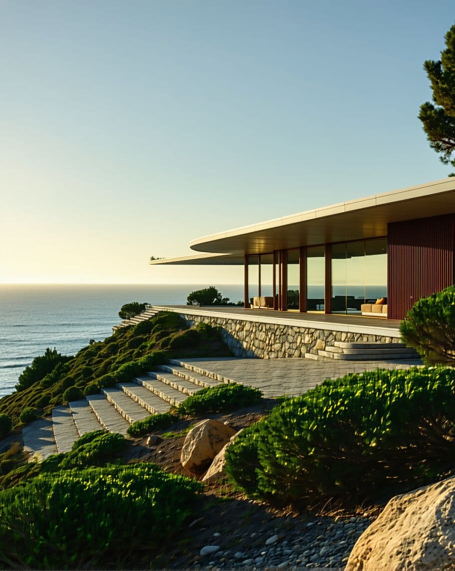 AI generated: Hyper realistic eye level exterior photo of a mid century modern style house overlooking the ocean, ...