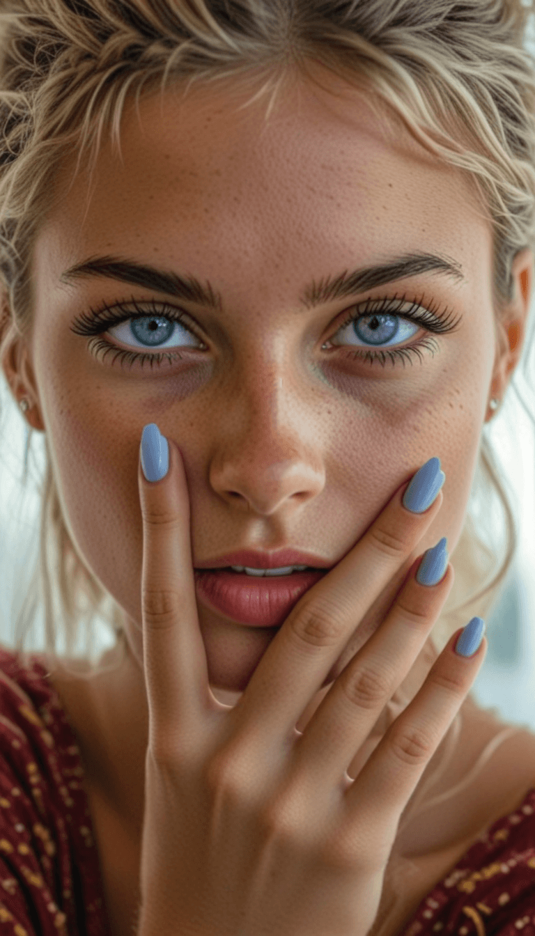 AI generated: Close-up of a young woman with blue eyes and blonde hair styled back. She looks directly at the came...