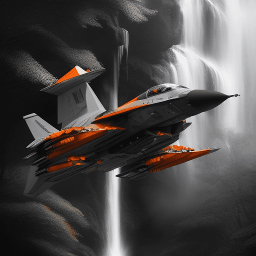 AI generated: Futuristic Concept Space Craft with Military Jet features and metallic orange with matte black and w...