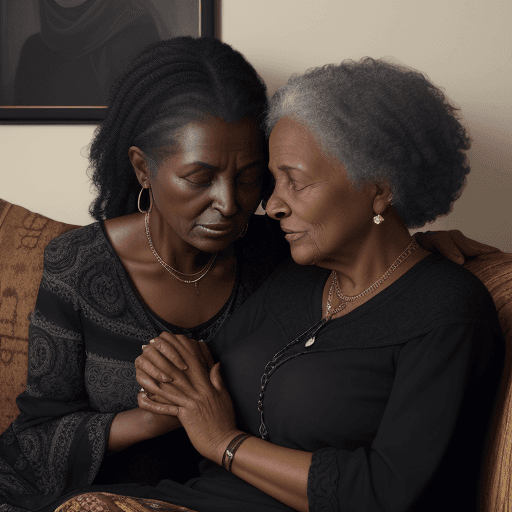 AI generated: Black old and wise woman whispering into,  a young black lady`s ear, whose age is 28 years old, seat...