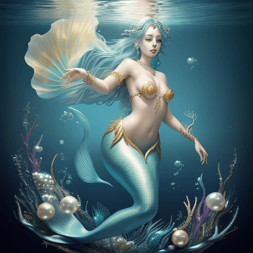 AI generated: Mystical ethereal siren mermaid swimming deep in the oceans abys surrounded by elements of gold silv...