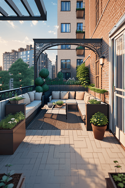 AI generated: SMALL GARDEN ON THE BALCONY OF A MODERN C-SHAPED APARTMENT WITH BRICK FINISH AND PERGOLA vertically ...