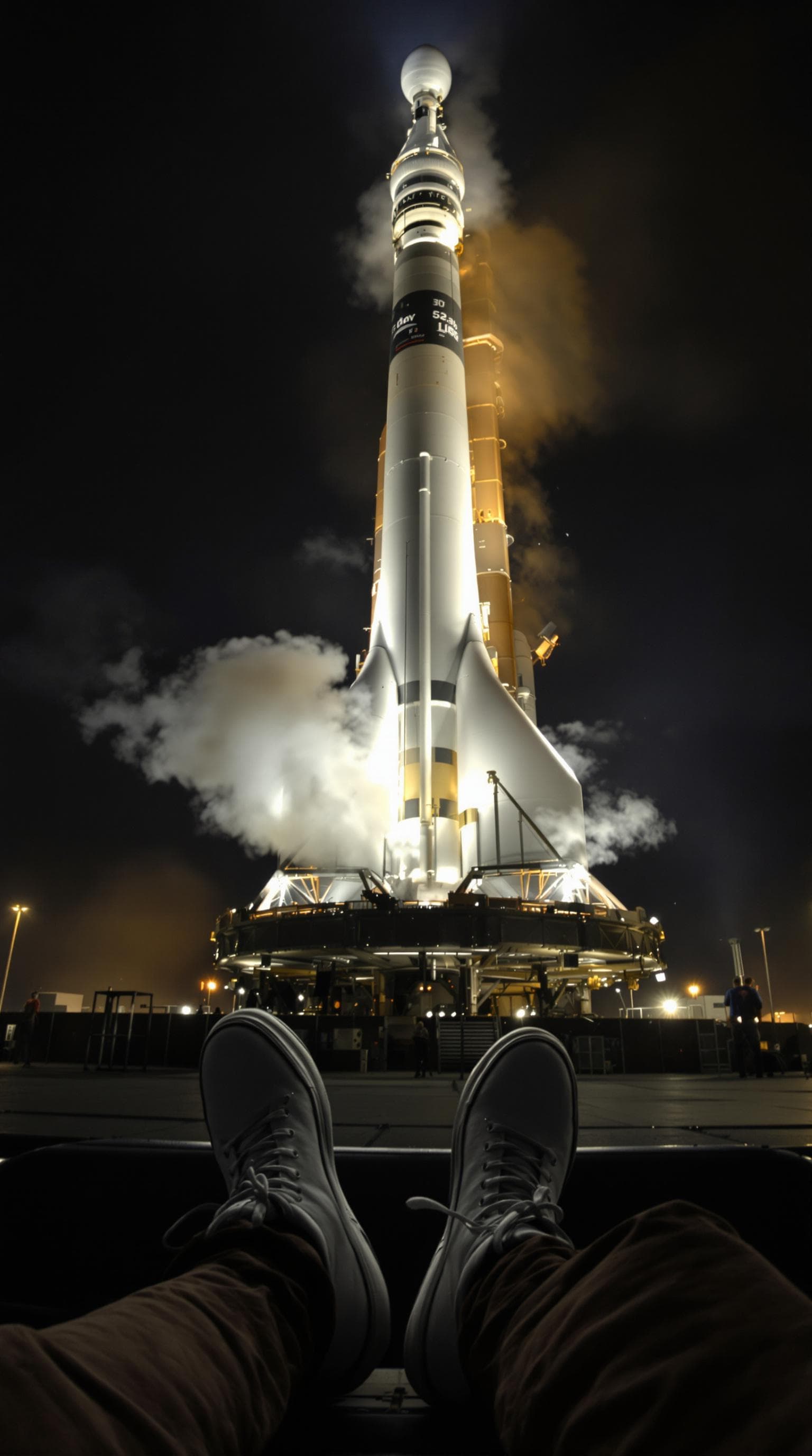 AI generated: First person POV, white boots on seat stretched out, Saturn V rocket illuminated by spotlights in pr...