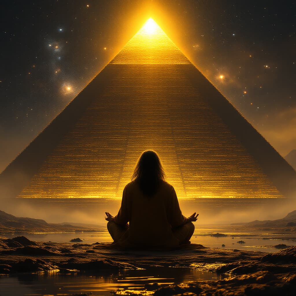 AI generated: A beautiful render of an egyptian pyramid with golden light radiating from the top, centered in fron...