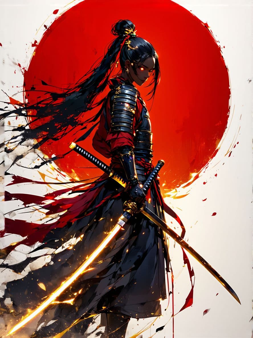 AI generated: A powerful anime-style female warrior, with dark skin, long flowing black hair, and intense glowing ...