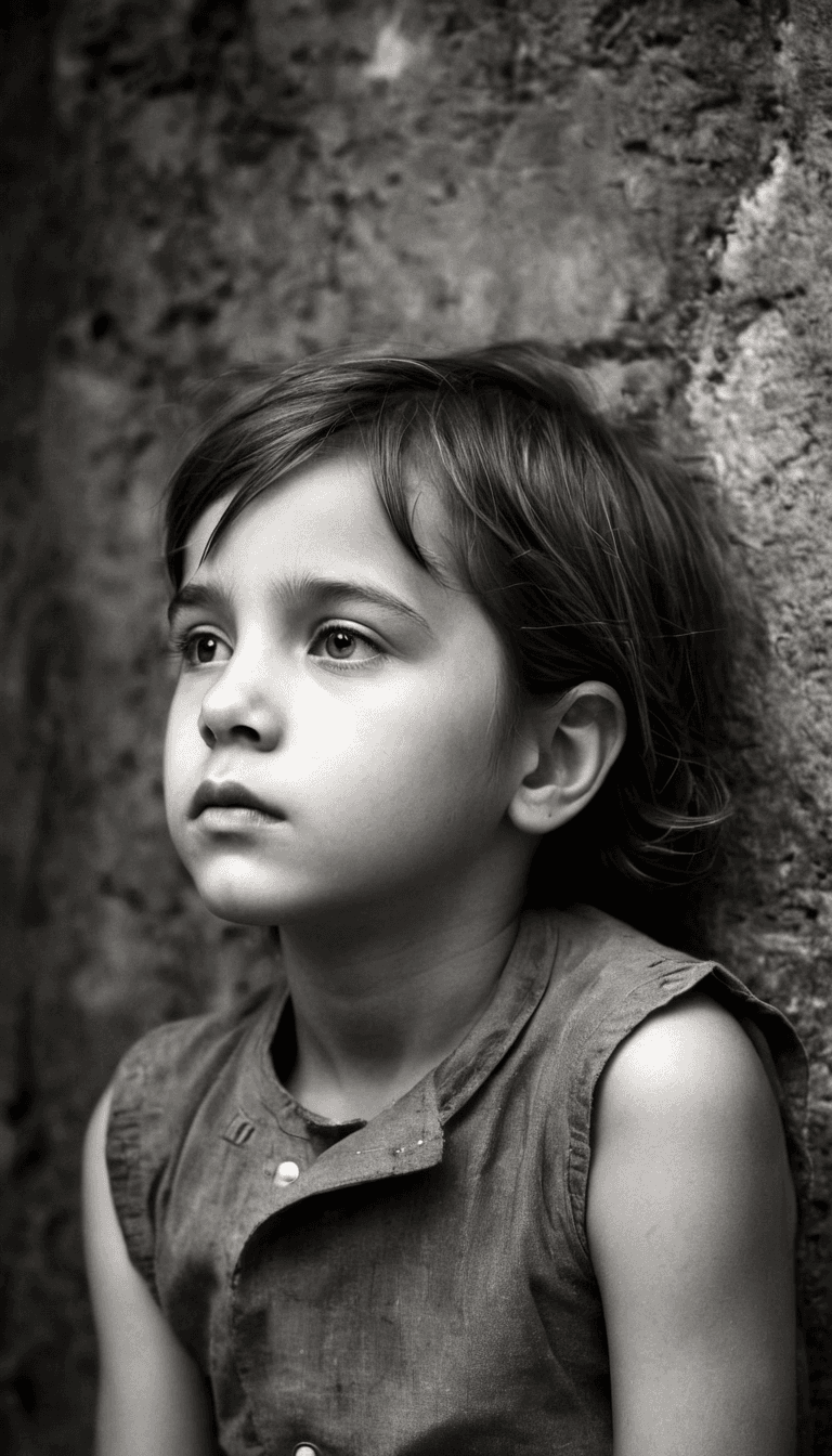 AI generated: black and white photography in style by Bruce Davidson, young boy sadly looks aside, highres, realis...