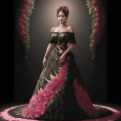 AI generated: A full body photorealistic beautiful dress made entirely of leaves with pink apple texture, rose pat...