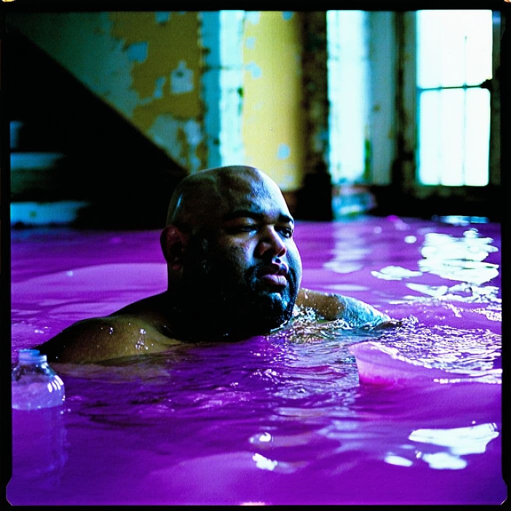 AI generated: grainy 80's photograph quality polaroid of big fat bald soft round black man drowning in purple drin...