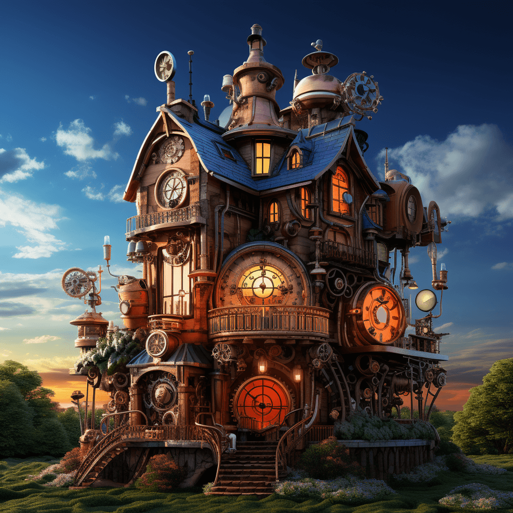 AI generated: 3d 128-bit steampunk anime mansion, Franz West, intricate, warm color palette, atmospheric lighting,...
