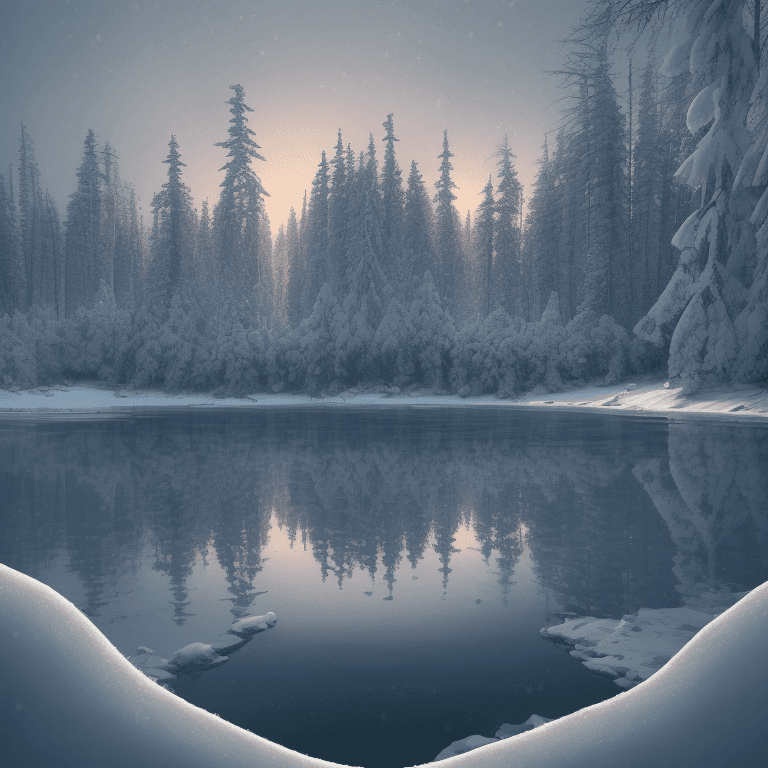 AI generated:  small lake surrounded by a frozen taiga forest, snow on the trees, winter, complex details, masterp...