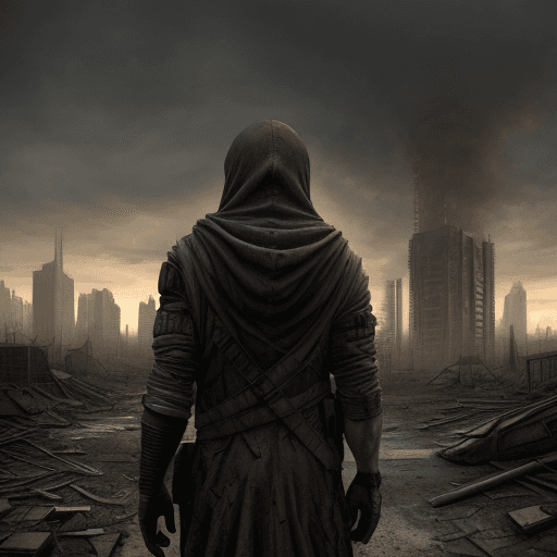 AI generated: Realistic image of post-apocalyptic city. Hooded person from the back.