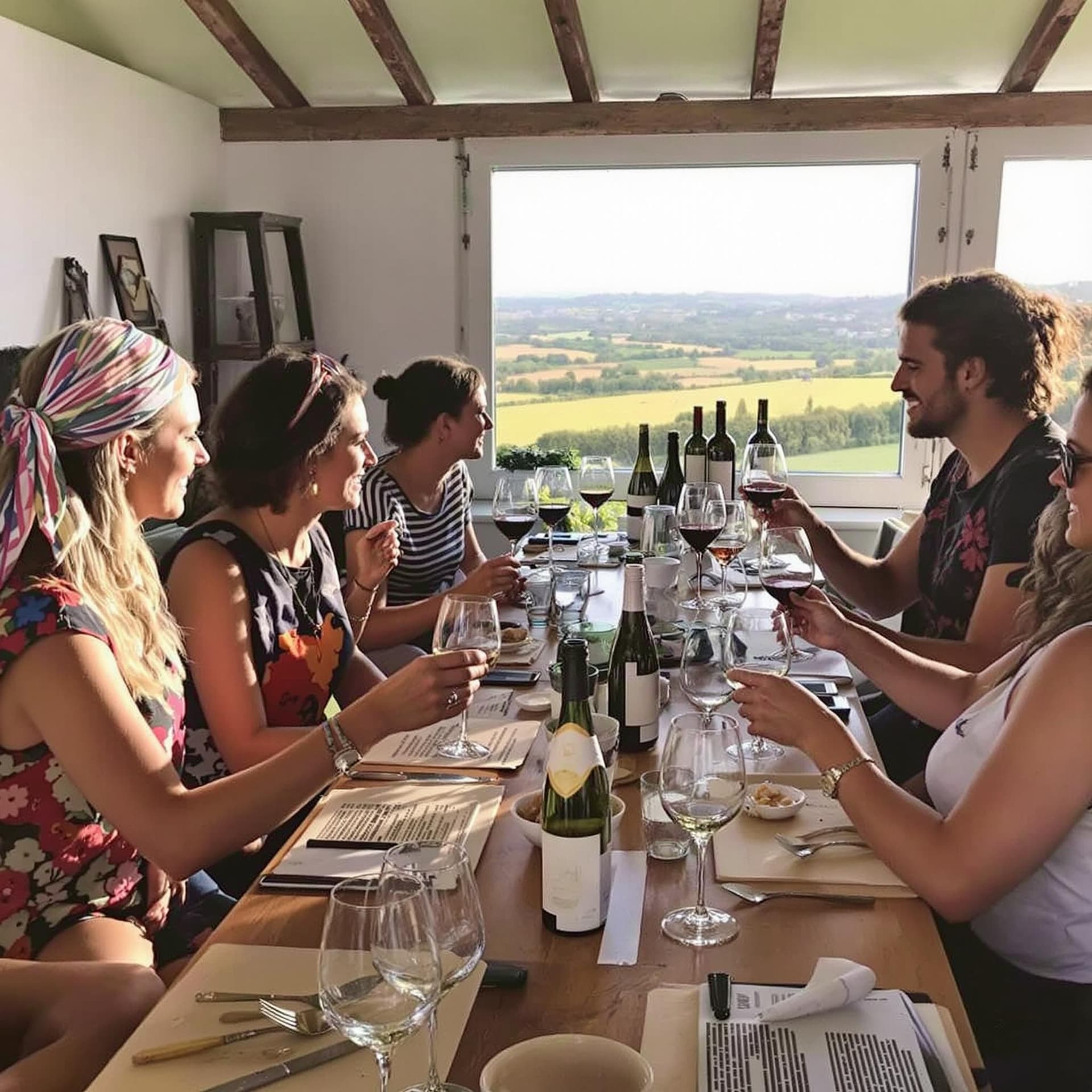 AI generated: wine tasting in portugal, team building, happy group, startup retreat