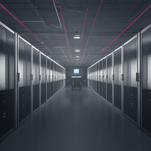 AI generated: create a technical image showing a secured data center connected to 10 secured offices through a sec...