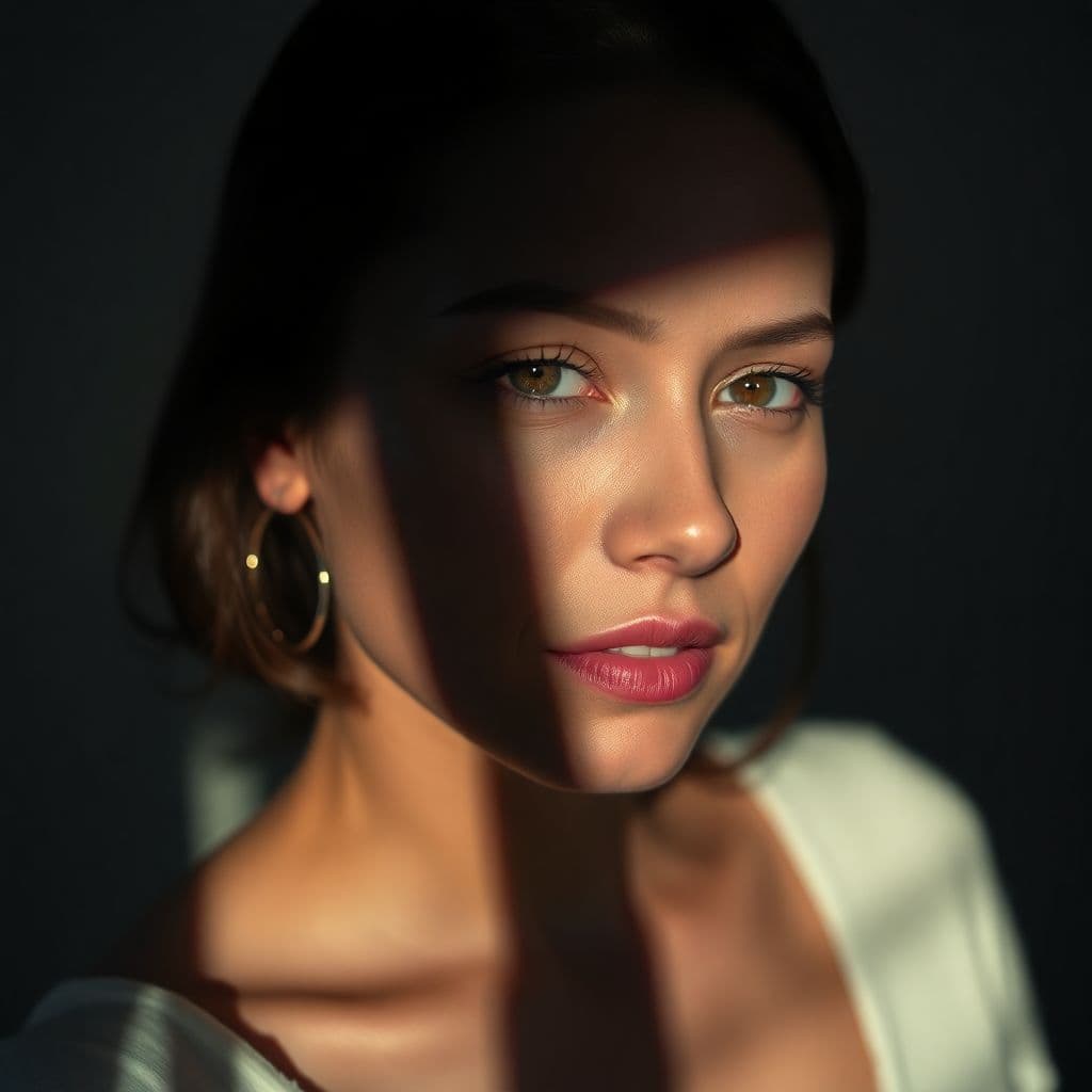 AI generated: high-resolution photograph, woman, stunning use of shadows, in the syle of crisp lines and forms,  U...