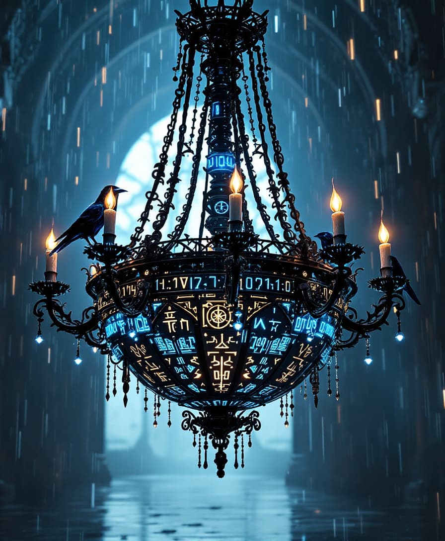 AI generated: “Mystical Binary Chandelier - an ornate black wrought iron chandelier suspended in a vast cyberpunk ...