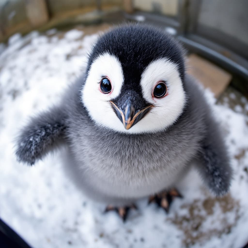 AI generated: An adorable baby emperor penguin with a round, fluffy body covered in thick dark gray feathers. Its ...