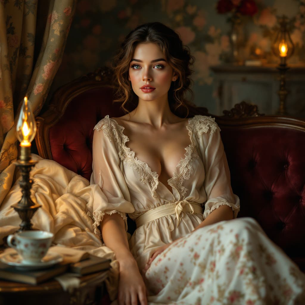 AI generated: A soft-focus, vintage oil painting in a romantic, classical style. An exceptionally beautiful 20-yea...