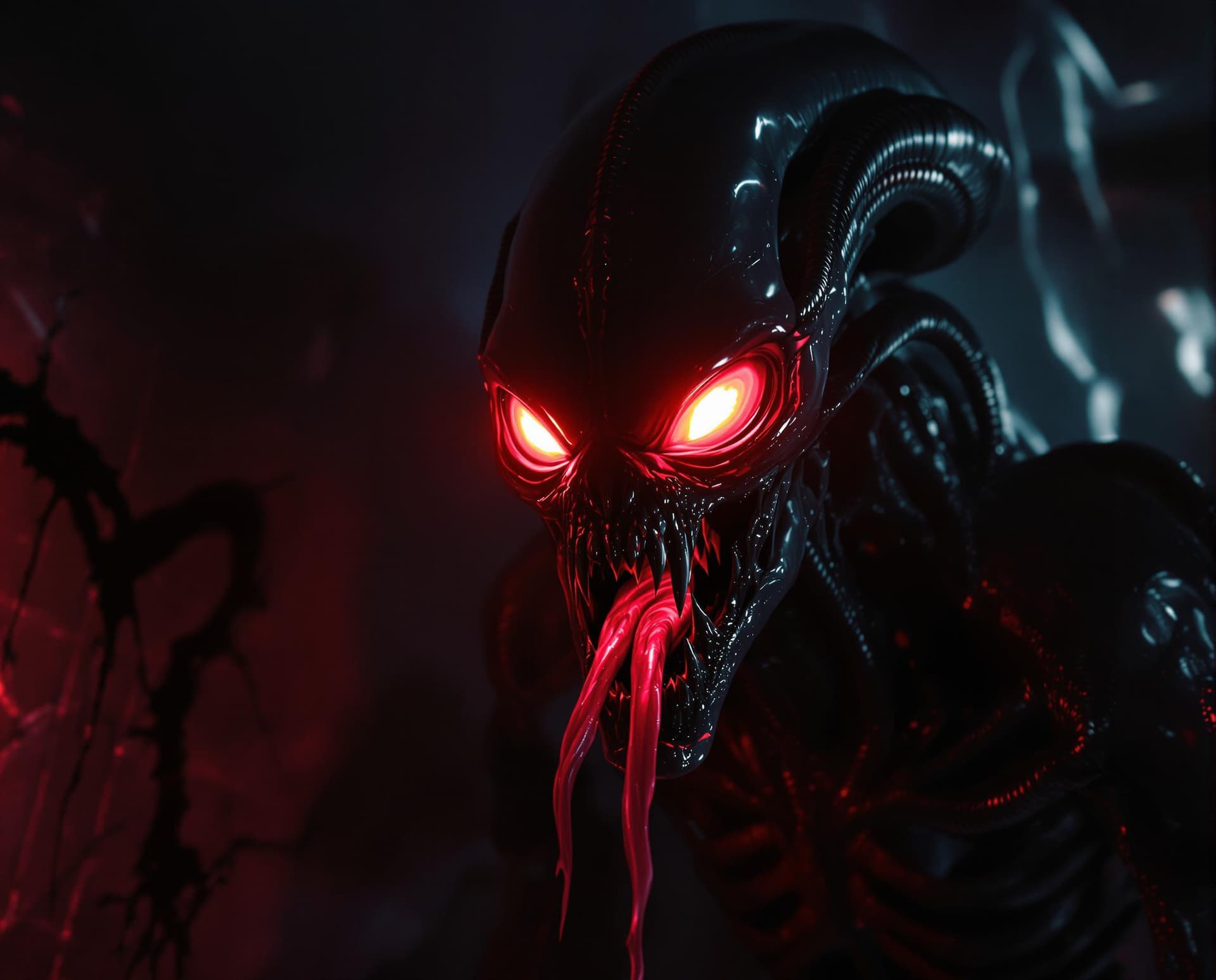 AI generated: A wicked alien with neon glowing eyes in a corner of a room, roaring, gnarling, mouth salivating, sh...