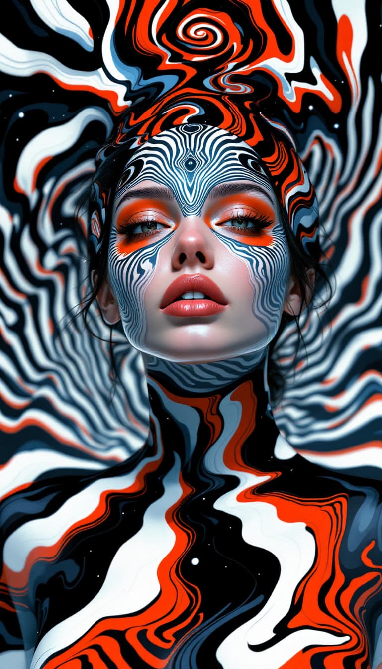 AI generated: An Op Art-style digital illustration of a Rule 63, full-body female illusionist, with esthetically d...