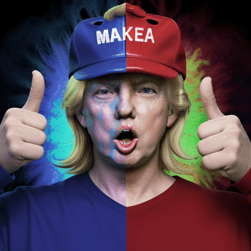 AI generated: donald trump  on a psychedelic trip with an open mouth and glowing eyes, with the make america great...
