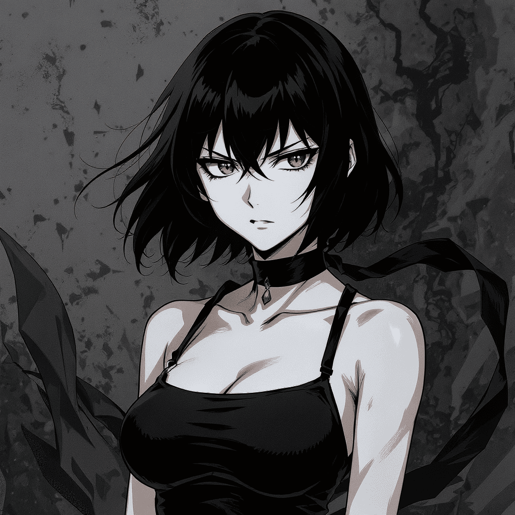 AI generated: anime, jujutsu kaisen art style, woman with medium hair, black hair, wearing black dress tanktop, sh...