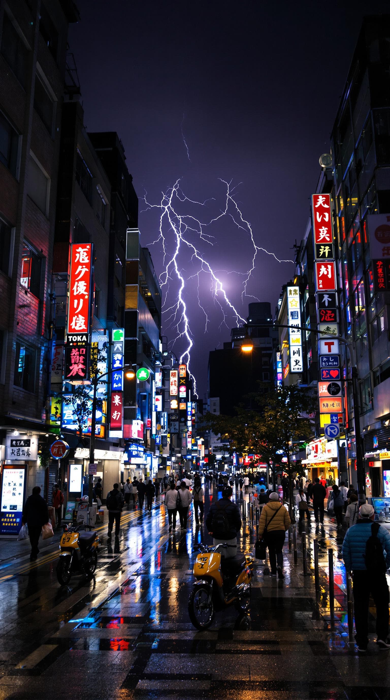 AI generated: a street in Tokyo at night in the rain where lightning is striking lighting up the sky. wet ground, ...