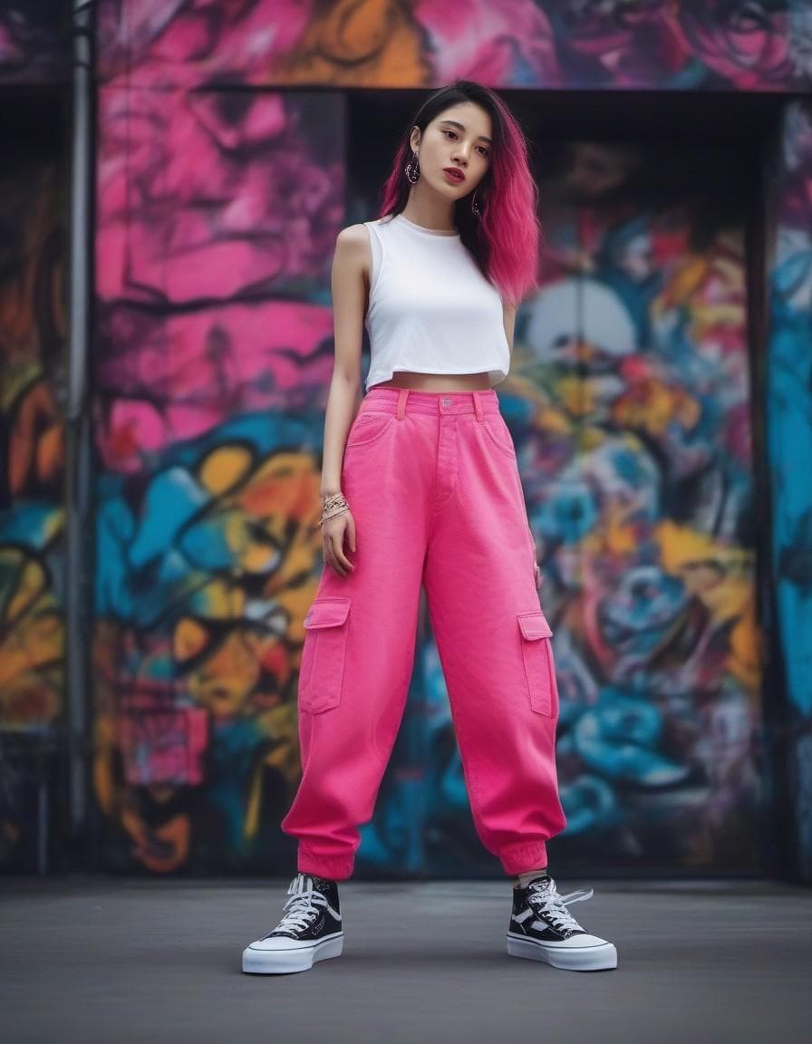 AI generated: Gothic style a beautiful skater girl,Neon pink hair Curtain bangs, (oversized baggy jeans:1.2), sexy...
