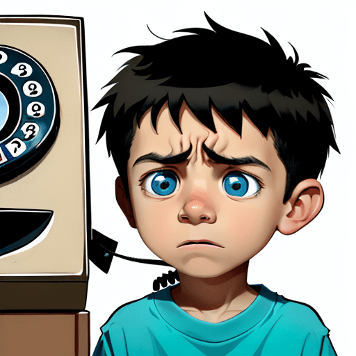 AI generated: A young boy listening to a broken telephone. The boy has a puzzled look on his face. Cartoon style.
...