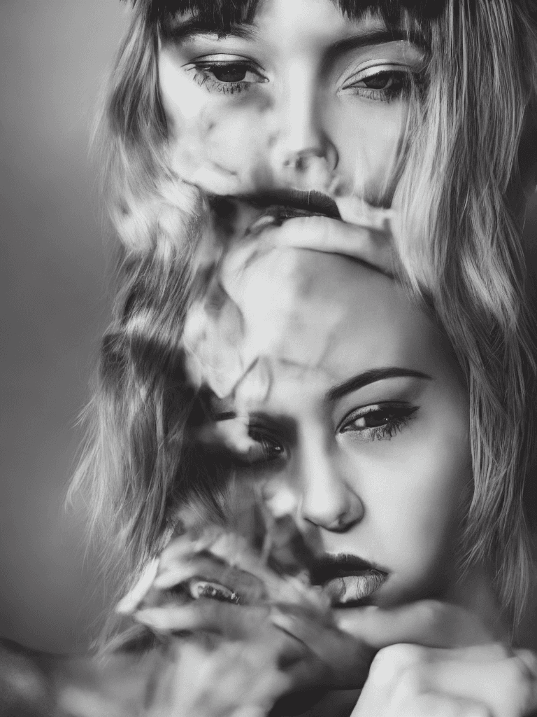 AI generated: A dramatic portrait of a young woman with a stylish haircut and piercing eyes. The photo is shot in ...
