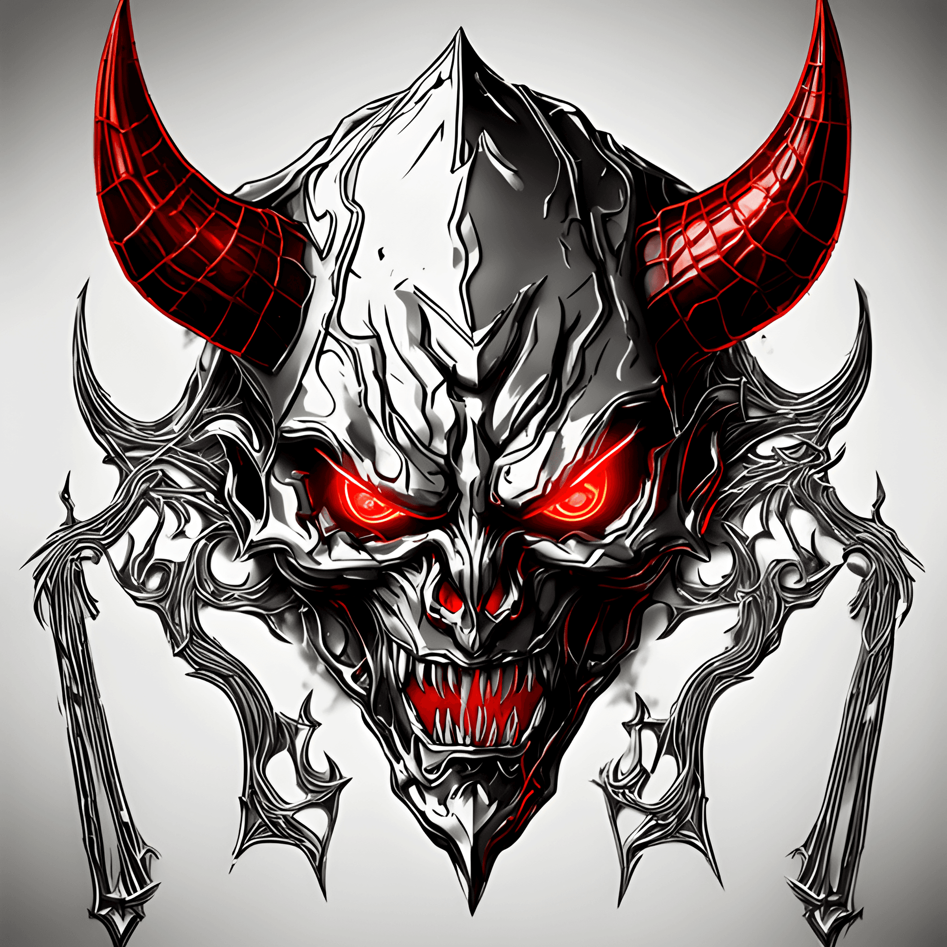 AI generated: art in neon silver style, on white paper, monster, web, red eyes, UHD, devil horns, devil trident