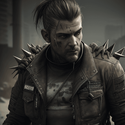 AI generated: He wears a combination of heavy-duty tactical gear and post-apocalyptic scavenged attire, reflecting...