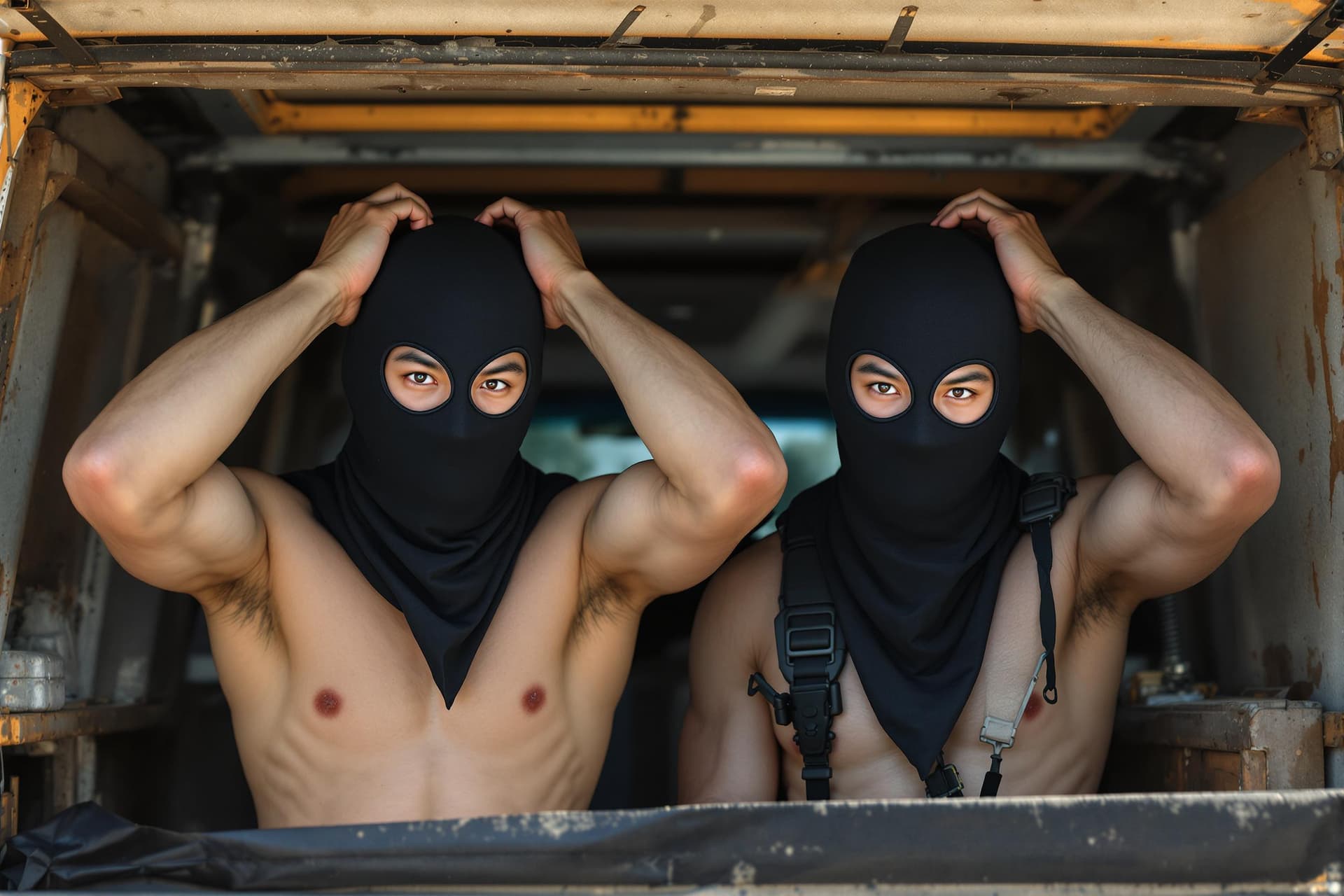 AI generated: Two strong male Asian born Chinese athletes arrested by policemen in day time. They are under police...