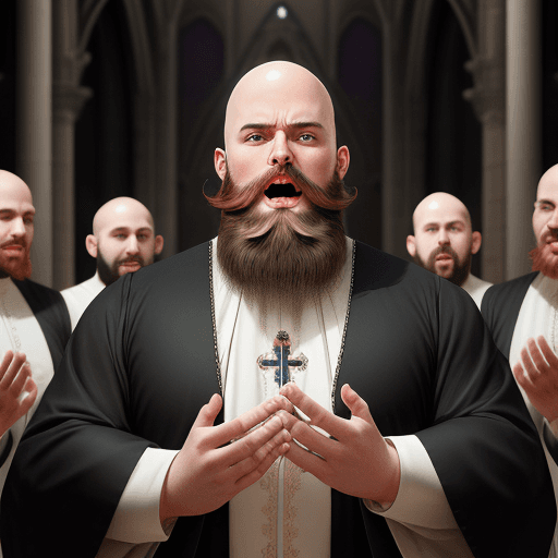 AI generated: Hyper realistic photo of a bald priest with a big beard praising to his followers at the alter, 