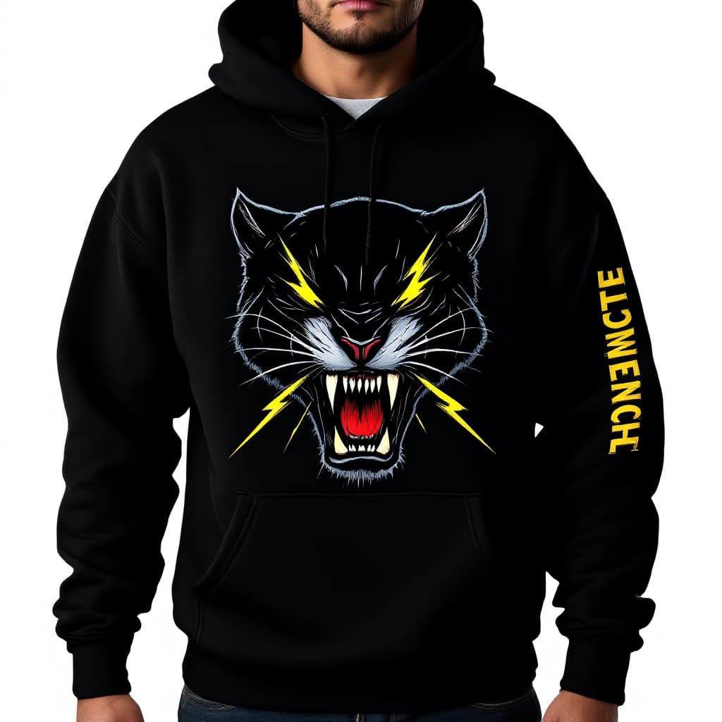 AI generated: photo on a white neutral background for a clothing catalog. photo of a black loose hoodie with a hoo...