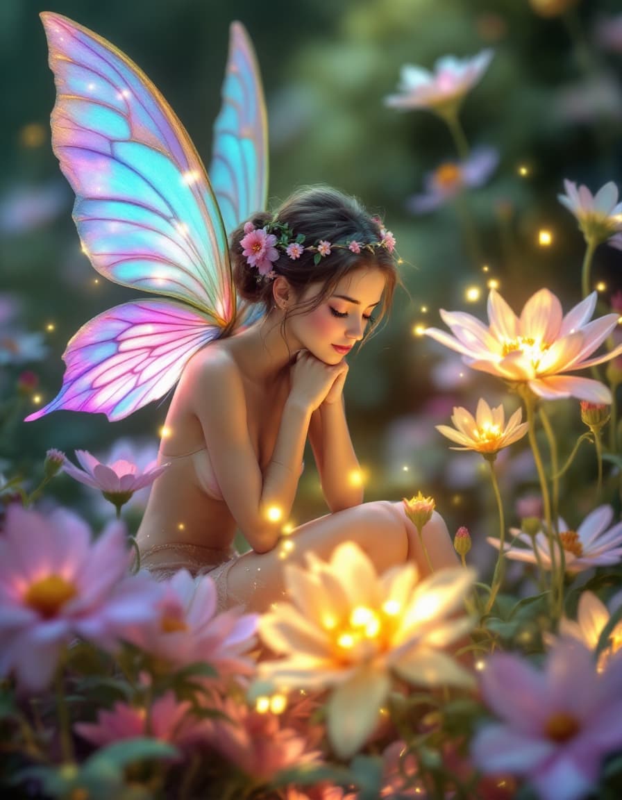 AI generated: fairy with flowers, pastel colors, extremely detailed, lights, glow, flowers --ar 35:64 --stylize 75...