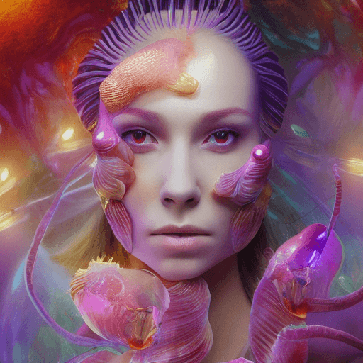 AI generated: Goddess close-up portrait ribcagel. jellyfish phoenix head, nautilus, orchid, skull, betta fish, bio...