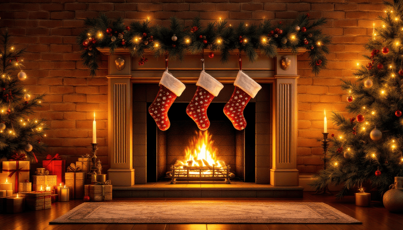 AI generated: A Christmas Eve fireplace scene with stockings, garlands, and a glowing hearth"