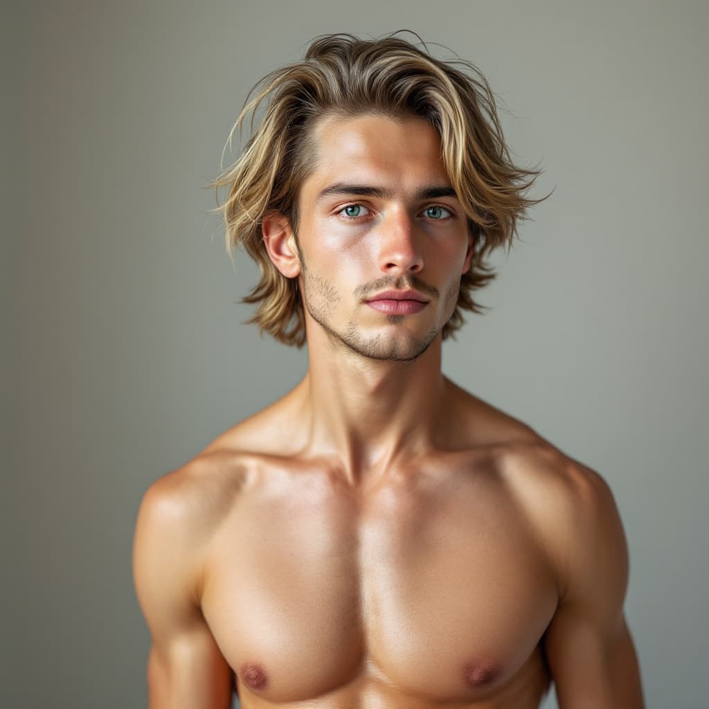 AI generated: A young man, completely cleanshaven with mild gynecomastia or puffy nipples. He will be seen from an...