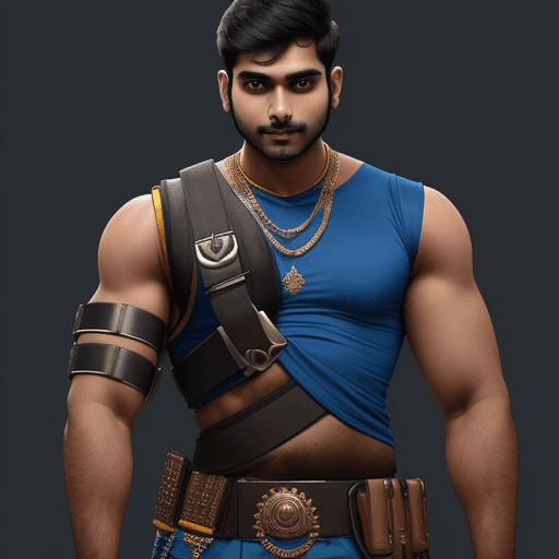 AI generated:  indian male age 26, broad shouldered, very muscular, 2 meters tall , arms covered by metal, sleevel...