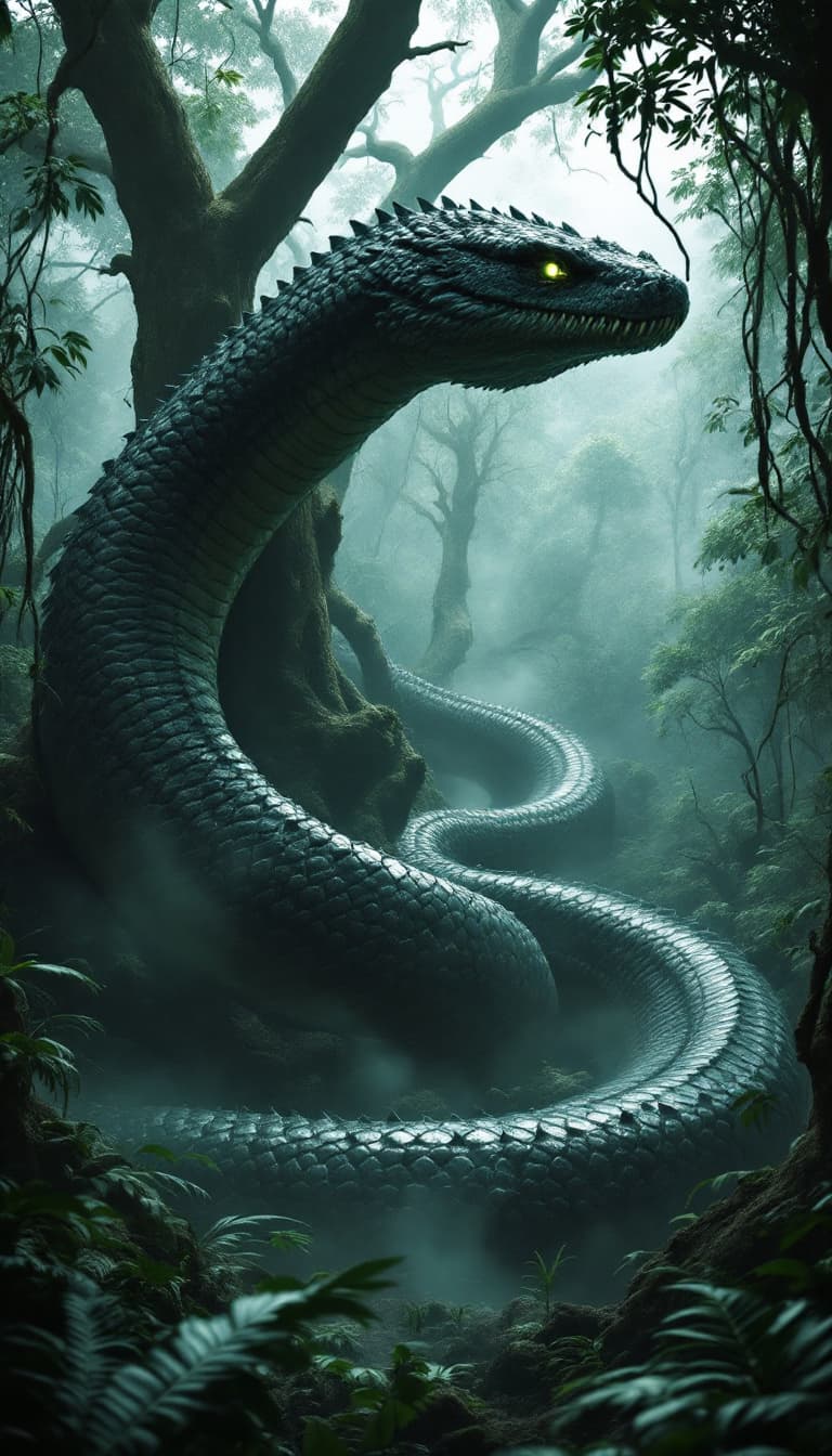 AI generated: A giant, fearsome Titanoboa, an enormous prehistoric snake, lurking in a dense jungle. Its massive, ...