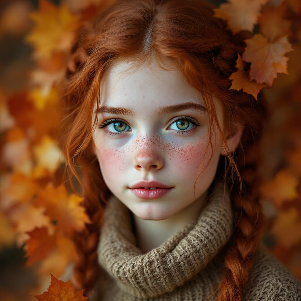 AI generated:  highly detailed, realistic portrait of a young girl with braided red hair, freckles, and piercing g...