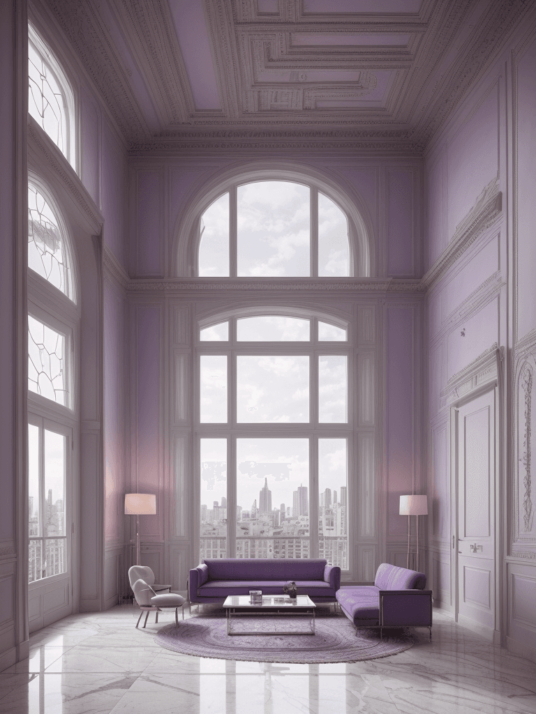 AI generated: High resolution photography interior design, badroom, marble floor, windows opening onto the city, m...