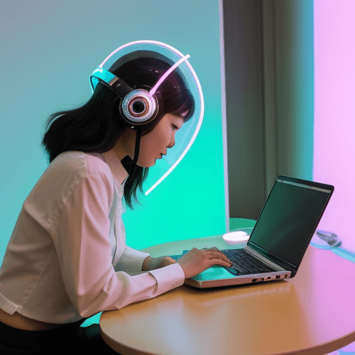AI generated: A beautiful asia woman setting in front of her table for a online job interview with her laptop, she...